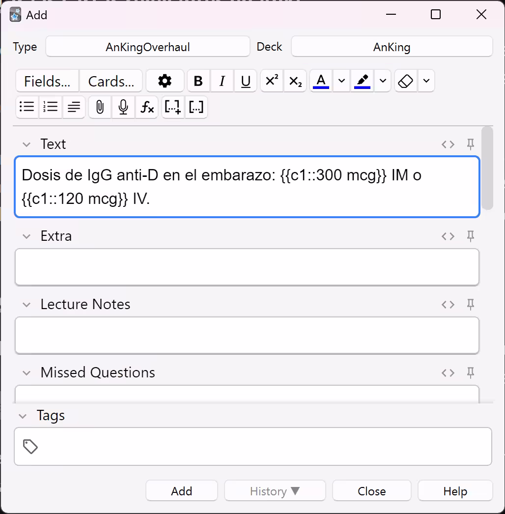 Screenshot del creador de cartas de Anki.